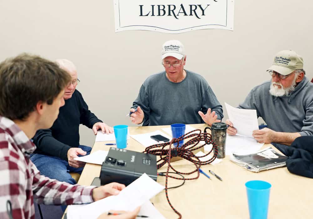  DelBene, left, meets with waterman J.C. Hudgins during a focus group. Photo: Aileen Devlin/Virginia Sea Grant 