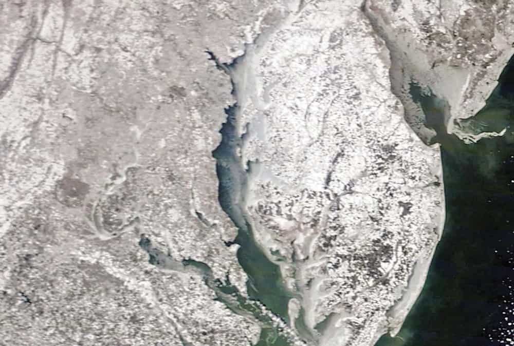  Satellite view taken from Feb. 20, 2015, shows the iced up northern Chesapeake. 