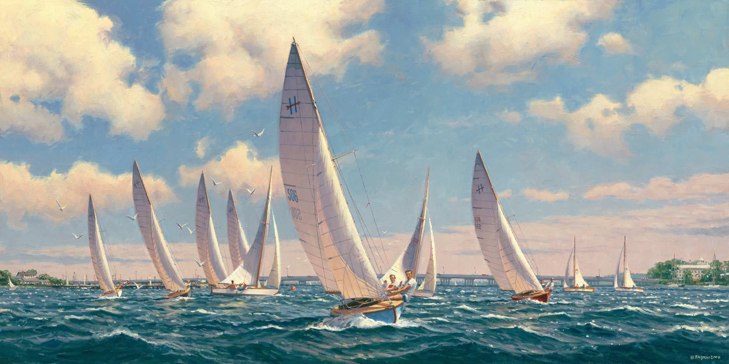   Reaching for the Finish  Oil on Linen, 15” x 30”. By John Barber. 