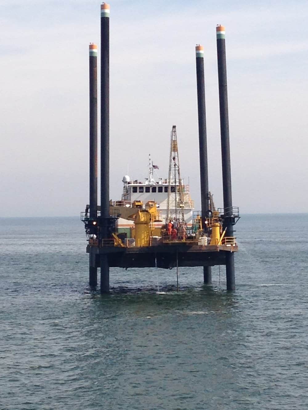  A jack-up barge takes up borings in Thimble Shoal Channel 