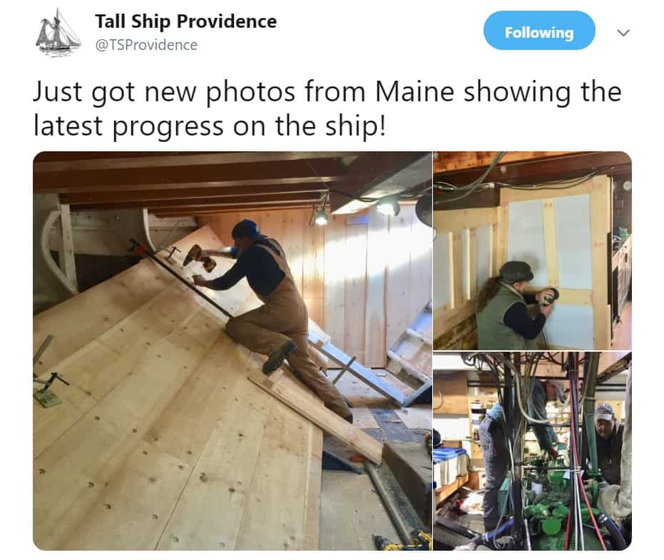  The Tall Ship Providence Foundation has been documenting the ship’s progress on social media. 